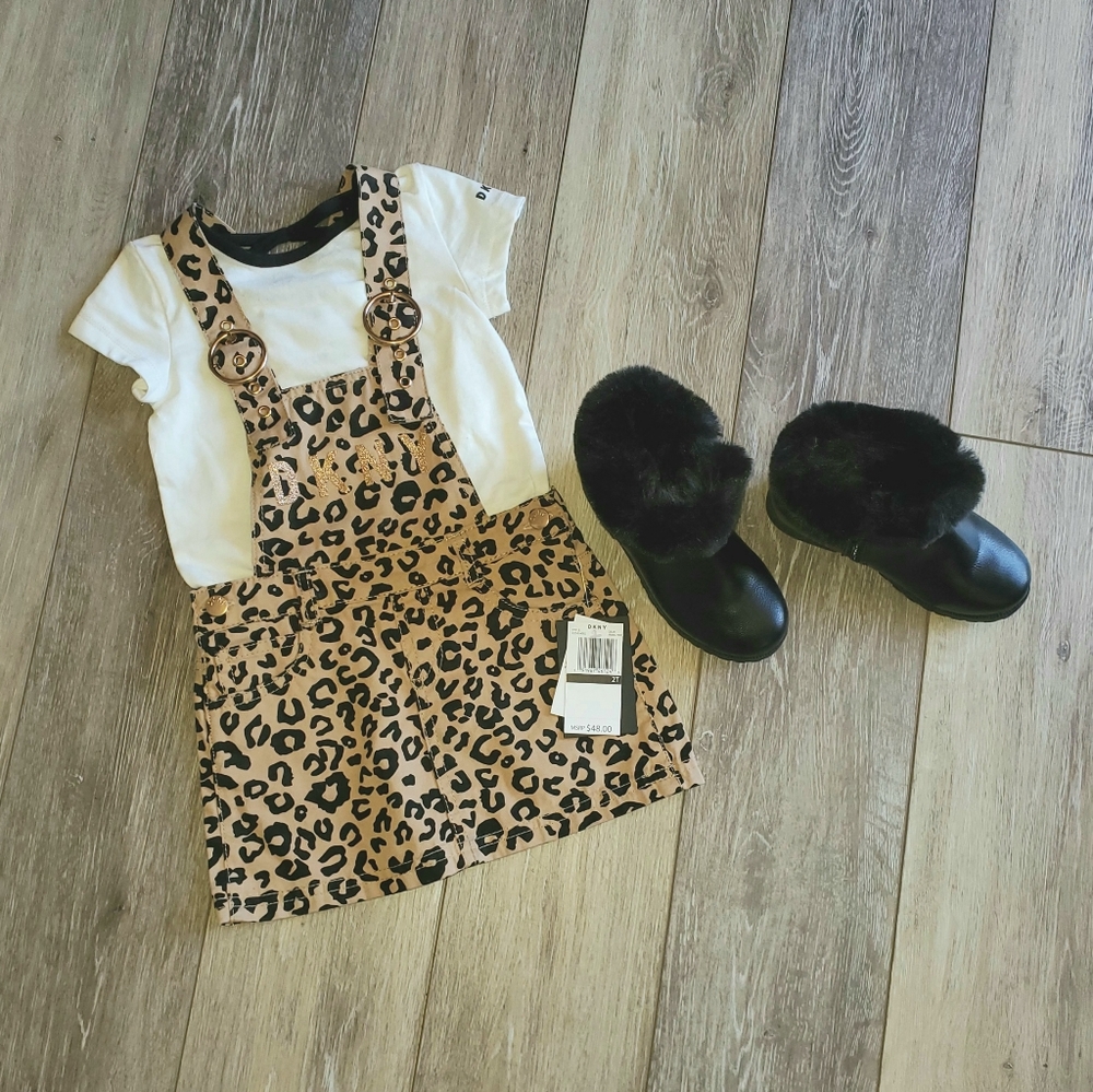 Little girls DKNY leopard COVERALL skirt and shirt set in sz. 2T